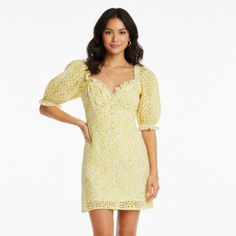 NWT Lini Gracie Mini Dress Yellow Eyelet Ruffle Puff Sleeve Cottagecore Coquette